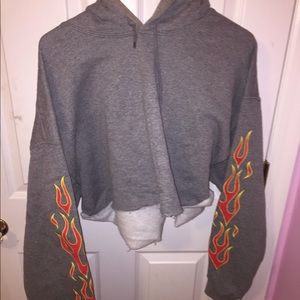 Cropped grey flame sleeve hoodie